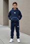 Navy Blue Boys' Hooded Tracksuit Set with Kangaroo Pockets and Stripe Detail 24616 - 2