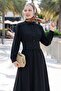Buttoned Black Dress with Elastic Waist - 2