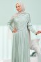 Mint Green Evening Dress with Gathered Collar and Stones on the Front - 4