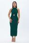 Women's Green Flock Print Halter Neck Gold Belt Detailed Midi Length Dress Nbmy4023