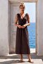 Brown Double-Breasted Collar Sleeveless Robe with Elastic Shoulder Gathering Casual Muslin Long Woven Dress 120 52 - 3