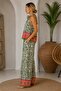 Women's Green Ethnic Patterned Top and Bottom Set with Rose Appliqué Pants and Blouse 50% Linen 50% Cotton - 2