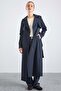 Cape Detailed Snap Closure Water Repellent Trench Coat Dark Blue 6871 - 6