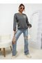 Women's Smoked Striped Heart Printed Crew Neck Oversize Sweatshirt - 4