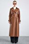 Leather Trench Coat with Cape Detail and Snap Closure Taba 6875 - 2