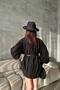 Women's Black Modal Shirt with Belt, Buttoned Balloon Sleeves and Cuffs, Long Sleeves - 4