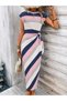 Women's Short Sleeve Crew Neck Belted Waist Long Single Jersey Dress - 2