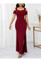 Women's off-the-shoulder long imported crepe dress with slit detail - 6
