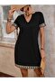 Stripe Detail V-Neck Viscose Dress with Side Pockets