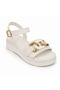 Almera Women's White Sandals with Gold Chain Buckle and Wedge Heels - 2