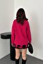 Women's Fuchsia Laser Cut Detailed Crew Neck Oversize Long Sleeve Blouse - 4