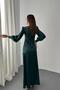 Women's Emerald Satin Dress Long Sleeve Side Gathered Slit Maxi Event Dress - 5
