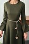Women's Khaki Long Balloon Sleeve Belted Pocketed Flared Round Neck Dress - 4