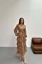Women's Mink Dress with High Collar, Floral Pattern, Belted, Layered, Flounce, Midi - 2