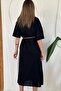 Women's Black Linen Shirt Collar Buttoned Short Sleeve Midi Plain Woven Dress - 5