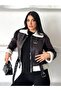 Trend Laminated Coat with Plush Leather Sleeves - 4