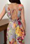 Women's Blue Floral Patterned V-Neck Waist-Tie Backless Midi Dress - 4