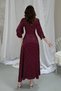 Women's Burgundy Midi Dress with Baby Collar, Polka Dot Ruffle Detail, Buttoned 3/4 Sleeves - 5