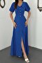 Women's Cobalt Blue Polka Dot V-Neck Buttoned Short Sleeve Slit Flared Maxi Dress - 4