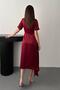 Women's Burgundy Scarf Collar Satin Midi Dress with Asymmetrical Hem - 5