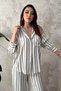 Women's Blue Top and Bottom Set Striped Satin Shirt Pants Set Elastic Waist Wide Leg - 3