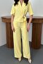 Women's Yellow Jacket-Pants Set Buckle Jacket Pants Set Short Sleeve Jacket Lapel Wide Leg Woven - 4