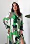 Women's Green Patterned V-Neck Buttoned Long Sleeve Gathered Waist Maxi Dress - 3