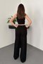 Women's Black Top and Bottom Set Knitwear Top and Bottom Set Openwork Crop Halter Neck Scarf Detailed Wide Leg Pants - 5