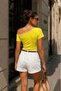 Women's Yellow Lace Detailed Boat Neck Ribbed Short Sleeve Slim Blouse - 2
