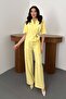 Women's Yellow Jacket-Pants Set Buckle Jacket Pants Set Short Sleeve Jacket Lapel Wide Leg Woven