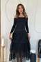 Women's Black Lace Layered Midi Skirt High Waist Floral Patterned Flared Skirt - 3