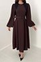 Women's Brown Lace Detailed Belted Balloon Sleeve Midi Flared Dress - 4
