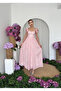 Women's Pink Floral Patterned Shoulder Tie Heart Collar Gathered Long Dress - 6