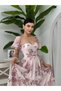 Women's Floral Pattern Pink Floral Print Chiffon Midi Dress Heart Neckline Balloon Sleeves - 5
