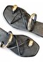 Gold Women's Slippers Short Flat Heel Black Strapped Casual Flip Flops with Gold Accessory Detail - 4