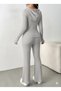 Women's Long Sleeve Hooded Front Zipper Ribbed Knit Blouse and Pants Double Suit - 3