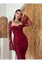 Women's Burgundy Midi Dress Sweetheart Neckline Floral Patterned Tulle Long Spanish Sleeves