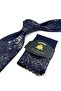 Navy Blue Beige Motif Patterned Classic Tie with Handkerchief Kk13967 - 5