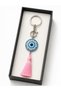 Pink Tasseled Metal Keychain and Bag Accessory with Evil Eye Bead Pattern - 2