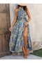 Women's long supreme dress with open shoulders, cross-over neckline detail, slit, and patterned design. - 2