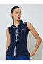 Navy Blue Embroidered Sleeveless Knit Polo Top - 3