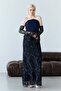 Navy Blue Strapless Corset Detailed Sequin Embroidered Long Evening Dress - 5