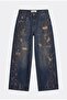 Women's Dark Denim T-10W6-8 Palazzo Fit Stone and Drop Detailed Special Design Denim Jeans - 5