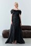 Black Boat Neck Sequin Embroidered Tail Long Evening Dress - 4