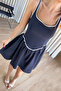 Navy Blue Thick Strapped Lace Detailed Openwork Linen Dress - 2