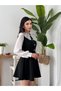 Women's Black Mini Dress with Baby Collar, Lace Detail, Long Sleeves, Flared - 5