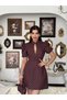 Women's Brown Mini Dress with Polka Dots, High Collar, Chest Cutout, Balloon Sleeves - 2