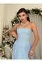 Women's Baby Blue Strapless Midi Dress with Gathered Waist Detail Chiffon Atlas Evening Dress - 4