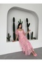 Women's Pink Floral Patterned Chiffon Sweetheart Neck Gathered Flounce Midi Dress - 7