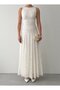 Women's White Midi Dress Boat Neck Sleeveless Lace Embroidered Flared Cut - 3